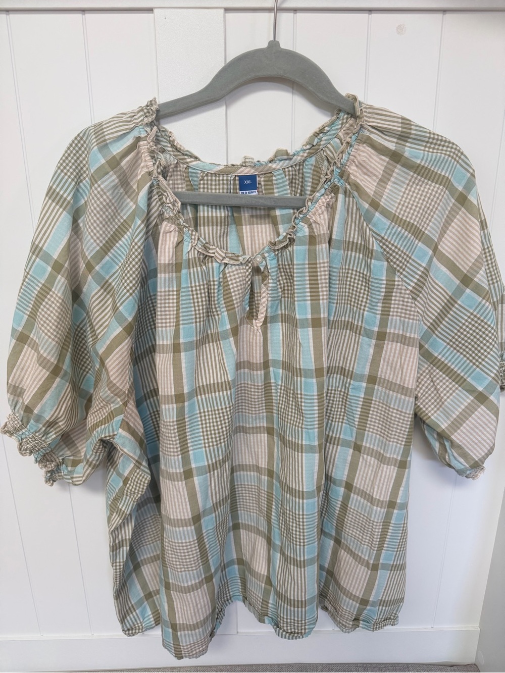 Old Navy Blue and Tan Plaid Peasant Blouse